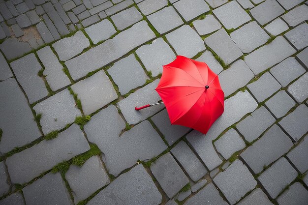 斜面の舗装石に捨てられた赤い傘を見下ろす