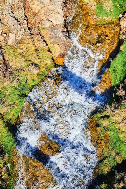 Looking down on river of cascading waters