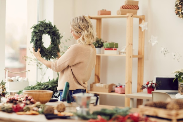 Looking at green Christmas wreath