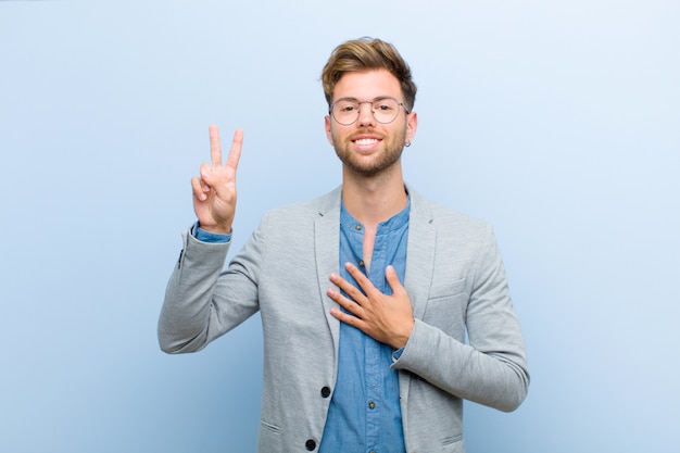 looking happy, confident and trustworthy, smiling and showing victory sign, with a positive attitude