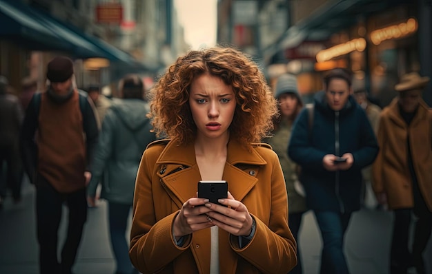 忙しい街道で泣いている女性が携帯電話を見ている