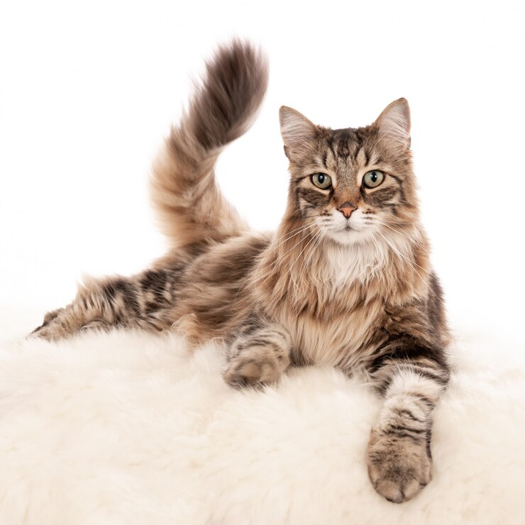 シープスキンの上に横たわる長髪の猫を探してください。