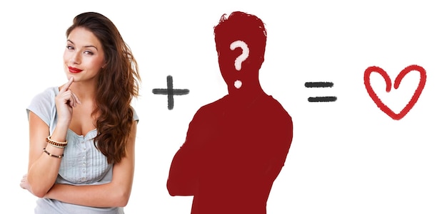 Looking for Mr Right Portrait of an attractive young woman standing against a white background displaying vector images of the concept of dating and matchmaking