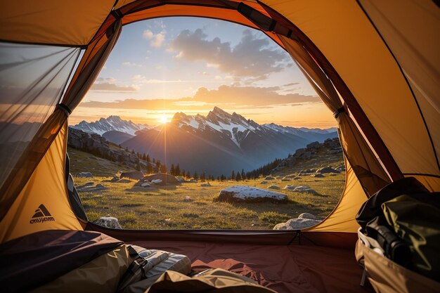 Photo looking out the mountain landscape at sunrise from interior of camping tent