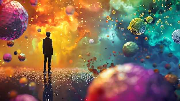 Looking out at a surreal landscape a man stands on a reflective surface surrounded by a multitude of floating orbs in a mesmerizing array of colors