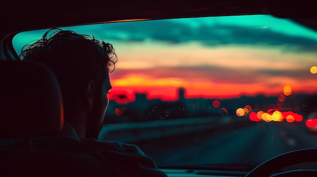 Photo looking out at the vibrant colors of the sunset from the window of a moving car with a silhouette of a person in the drivers seat