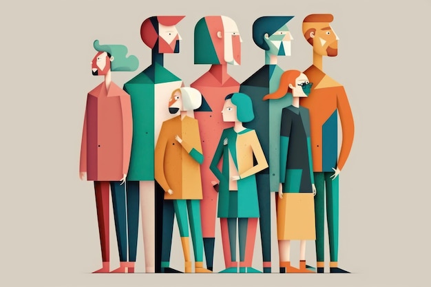 Looking to the sides Group of abstract funny disproportionate people Beautiful colorful illustration Vector style Generative AI