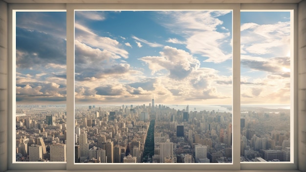 Looking through window flying high above cityscape panoramic urban skyline