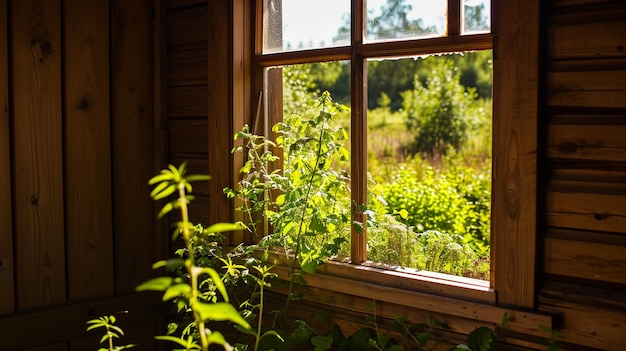 나무 오두막 안의 창문을 통해 녹색 식물들을 관찰하는 AI Generative