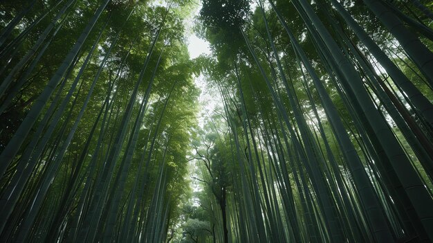 写真 茂った緑の森の高い竹の木を見上げている