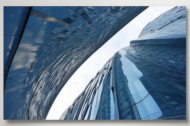 Photo looking up blue modern office building ar c v