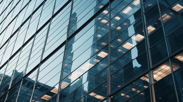 looking up at a building with glass windows