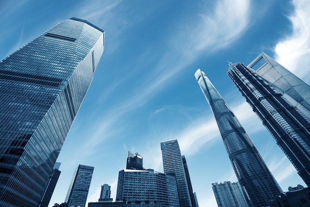 Looking up at business buildings in Lujiazui