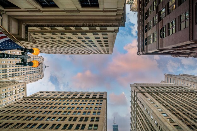 Looking up at Chicago downtown skyline in Illinois USA