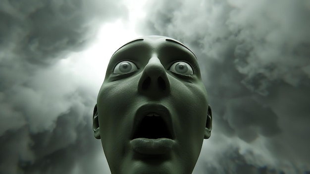 Photo looking up at a giant green head with its mouth wide open in shock is a truly terrifying sight