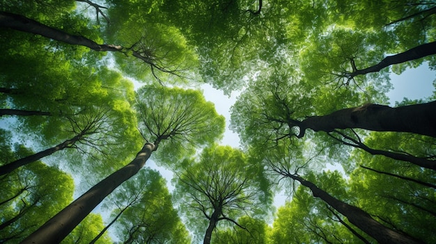 Looking up at the green tops of trees