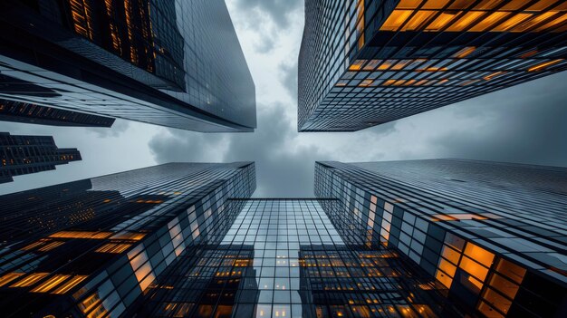 Looking up at a group of tall buildings against a cloudy sky aig