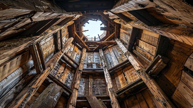 Looking up inside an old wooden watchtower with a hole in the roof