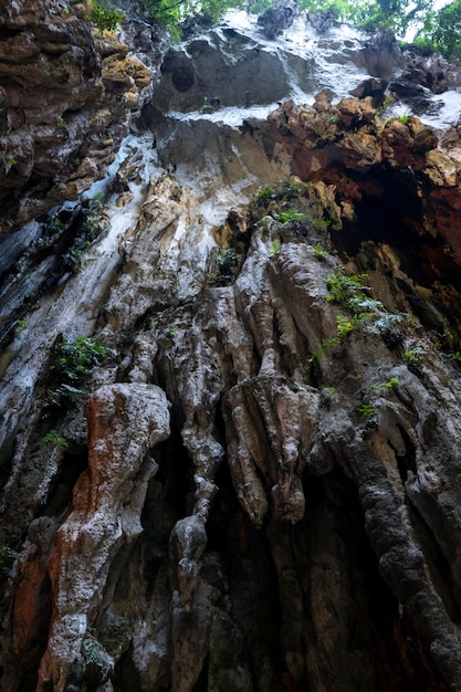 Batu Caves Kuala Lumpur의 공동 벽 너머의 주요 동굴에서 올려다보기