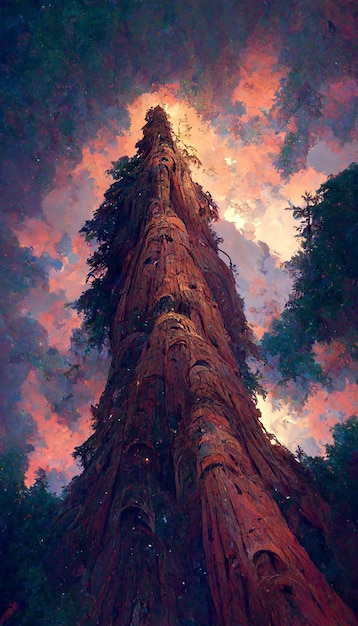 Looking up at a massive redwood tree dramatic lighiting