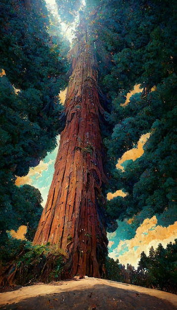 Looking up at a massive redwood tree dramatic lighiting