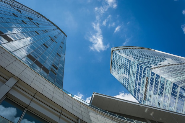 Photo looking up at the modern commercial buildings in china's kunshan economic zone