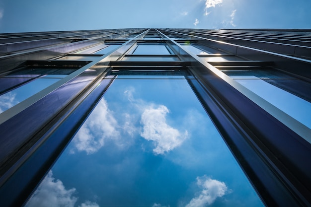 Looking up at the modern commercial buildings in China's Kunshan Economic Zone