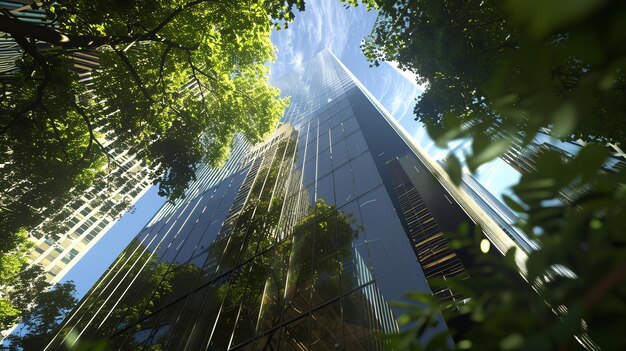 Photo looking up at a modern skyscraper made of reflective glass with green trees in the foreground