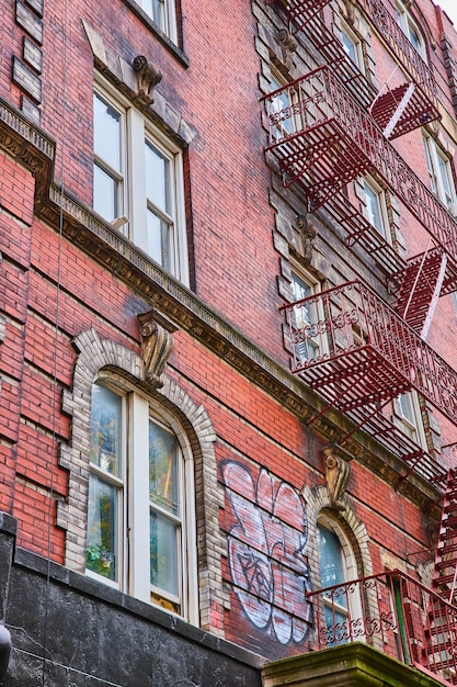 Looking up old brick building in New York City with metal steps up side