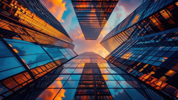 Looking up at a row of tall buildings at sunset AIG41