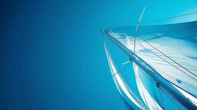 Photo looking up at the sails of a sailboat against a clear blue sky