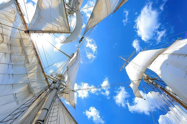 Photo looking up at the sails of a sailboat