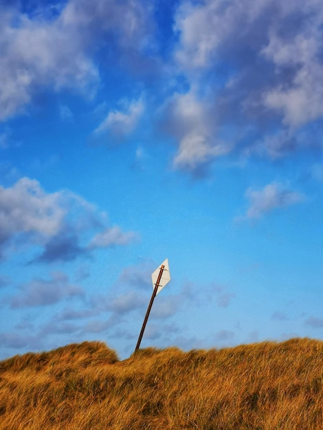 Looking up sand dune to reversed sign with dramatic clouds in blue sky