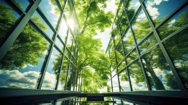 Looking up to the sky close up view of office windows with reflection of green tree environment generative ai image weber
