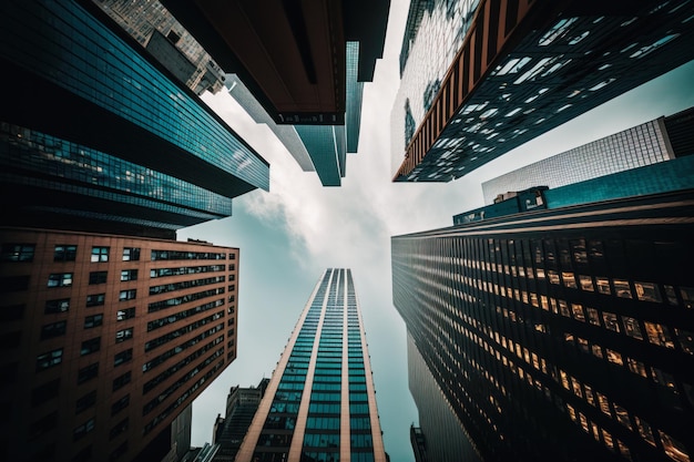 Looking up at skyscrapers from low angle Generative AI