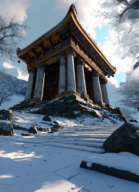 Looking up at the temple in the snow rendered by a virtual engine 32K 50 million pixels