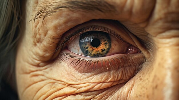 Looking woman white eye old senior grandmother face skin wisdom wrinkled closeup portrait