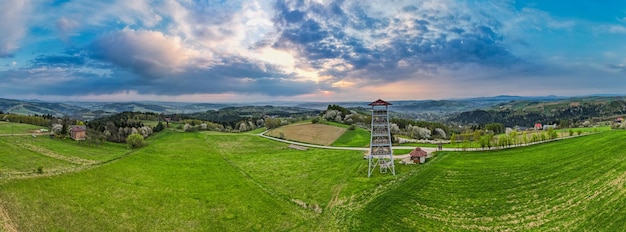 Lookout Tower in Brusnik Lesser Poland Drone Panorama at Spring