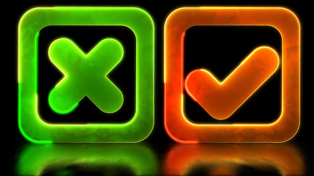 Looping neon glow effect Check mark correct icon with cross icon Black background