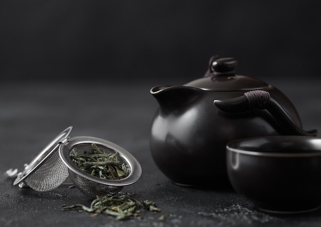 Фото Рассыпной зеленый органический чай в ситечко для заварки и фарфоровый чайник с чашкой на черном фоне