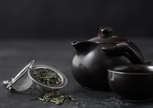 Loose green organic tea in strainer infuser and porcelain teapot with cup on black background