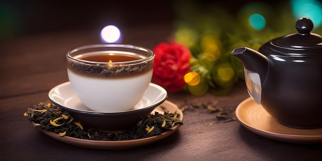 LOOSE LEAF TEA EARL GREY on the black wooden table with bokeh lights background with copy space