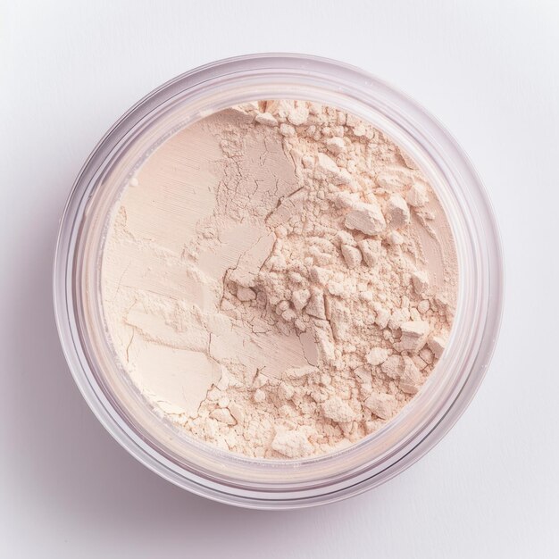 Loose powder contained in a transparent jar typically used in cosmetics