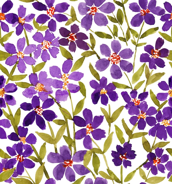 写真 緩い水彩紫抽象的な花と緑の葉のシームレスパターン