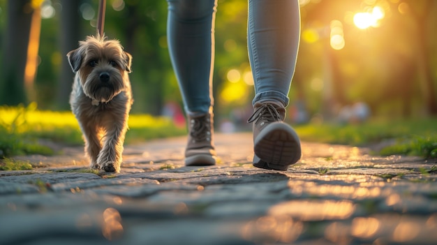 Foto lopen met een hond in het park tijdens een ochtendwandeling in het zonlicht