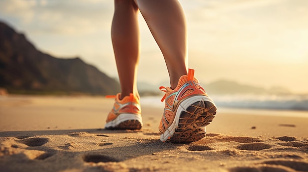Lopen op een zandstrand vrouwelijke benen met sportschoen
