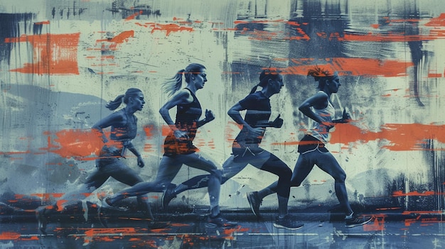 Lopen vrouwen foto collage poster ontwerp tinten van blauw horizontale compositie grunge effect