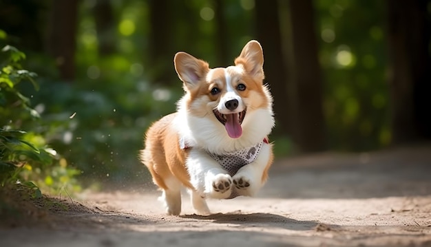 Lopende corgi-hond op stoffige straat Vooraanzicht