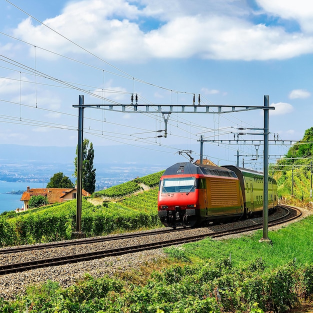 Lopende trein bij de spoorweg op lavaux vineyard terrace-wandelpad aan het meer van genève en de zwitserse bergen, district lavaux-oron, zwitserland