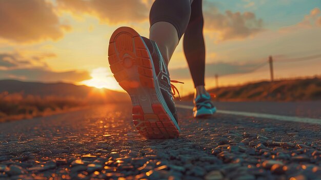 Foto loper voeten lopen op de weg close-up op schoen vrouw fitness zonsopgang jogging workout welness concept ai gegenereerd illustratie